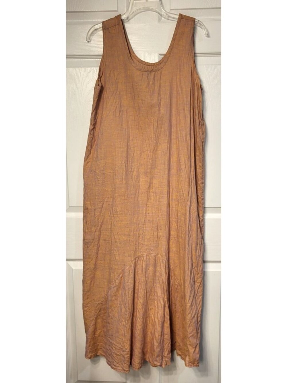 Womens Flax Sleeveless Linen Tan Maxi Dress Small Scoop Neck Lagenlook Beach